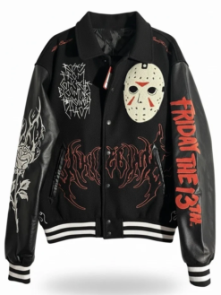 Jason Voorhees Embroidered Mask Patch Black Wool Varsity Jacket