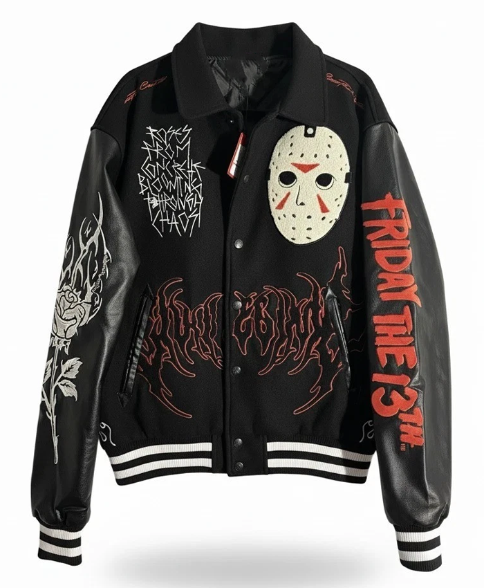 Jason Voorhees Embroidered Mask Patch Black Wool Varsity Jacket