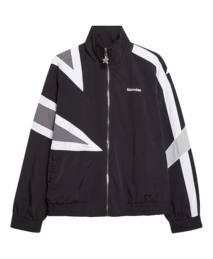 Jaxson Dart New York Giants NAHMIAS MVP Nylon Black Bomber Track Jacket front view
