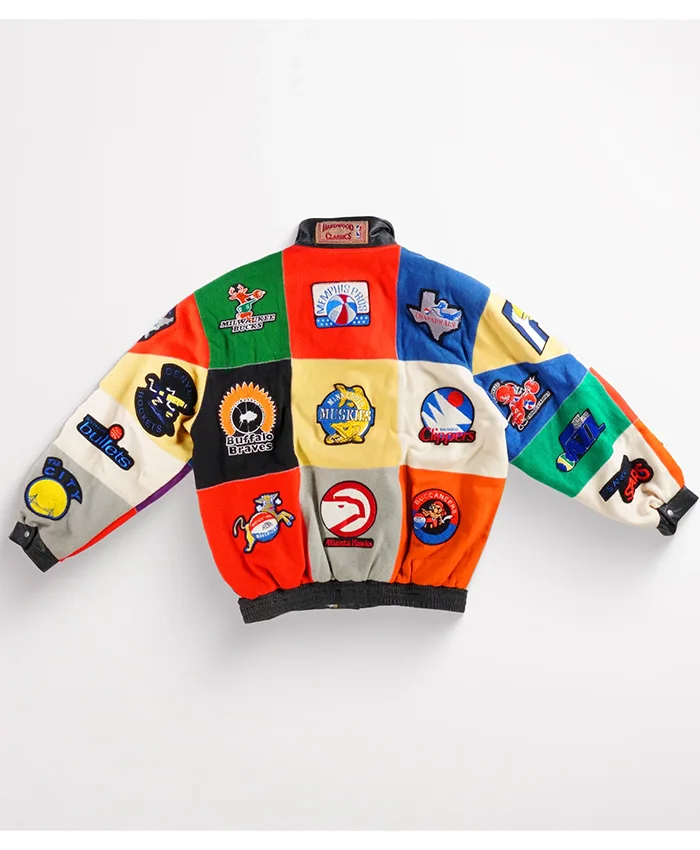 Jeff Hamilton Tyrese Haliburton NBA Teams Collage Colorblock Bomber Leather Jacket back view