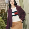 Jisoo Tommy Hilfiger Crest Embroidered Square Quilted Hooded Jacket