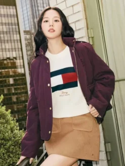 Jisoo Tommy Hilfiger Crest Embroidered Square Quilted Hooded Jacket