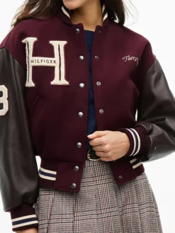 Jisoo Tommy Hilfiger Manteco Wool Blend Leather Sleeves Letterman Varsity Jacket