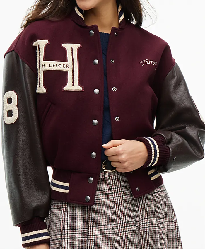 Jisoo Tommy Hilfiger Manteco Wool Blend Leather Sleeves Letterman Varsity Jacket