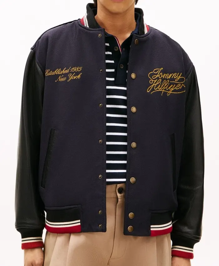 Jisoo Tommy Hilfiger Navy Wool Blend Leather Varsity Jacket