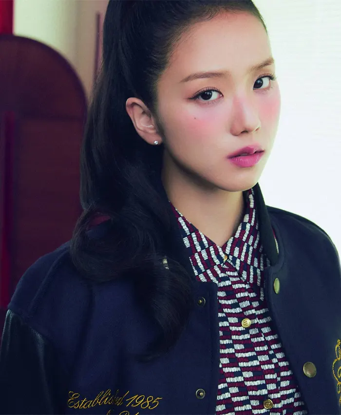 Jisoo Tommy Hilfiger Wool Blend Leather Varsity Jacket In Navy