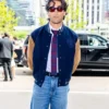 Josh Heuston New York Fashion Week 2026 Tommy Hilfiger Navy Blue Wool-Blend Varsity Jacket front view