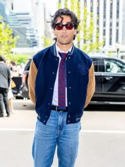 Josh Heuston New York Fashion Week 2026 Tommy Hilfiger Navy Blue Wool-Blend Varsity Jacket front view