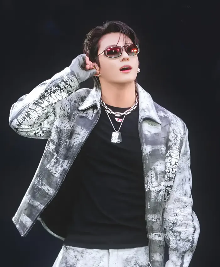 Jungkook ARIRANG World Tour Chicago Diesel L-Pylon-A Cracked-Finish Leather Jacket front view