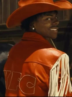KFC Commercial IShowSpeed Red And White Western Fringe Leather Jacket back view