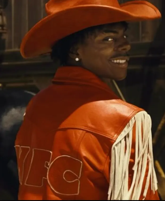 KFC Commercial IShowSpeed Red And White Western Fringe Leather Jacket back view