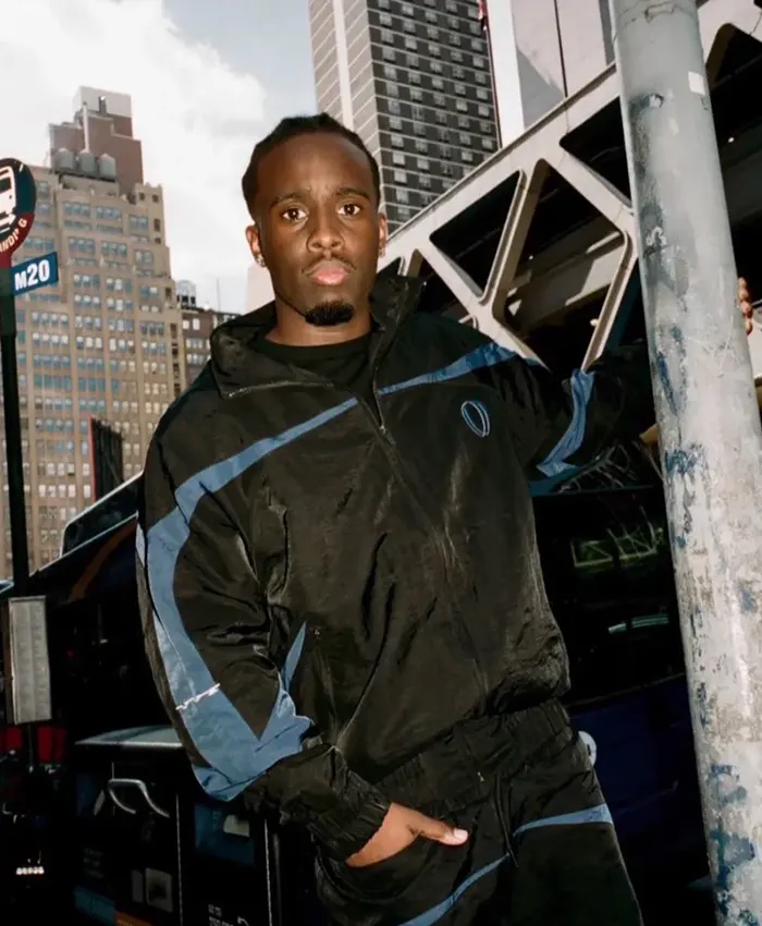 Kai Cenat VIVET Debut 2026 New York Fashion Week Black And Blue Fleece Track Jacket front view