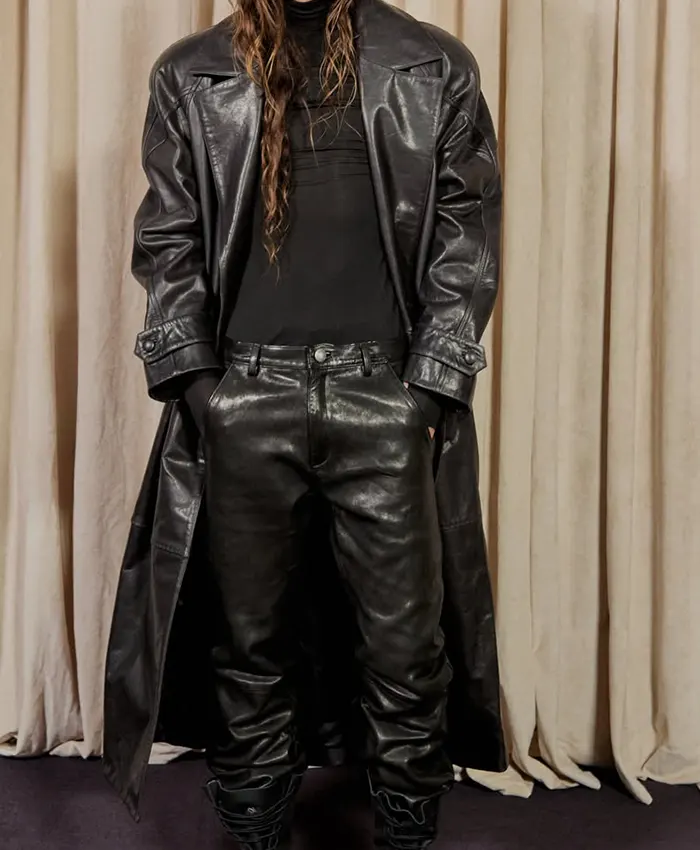 Kai Cenat VIVET Debut 2026 New York Fashion Week Black Leather Oversized Trench Coat front view