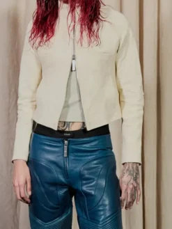 Kai Cenat VIVET Debut New York Fashion Week 2026 Cream Zip-Up Moto Cafe Racer Leather Jacket front view
