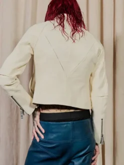 Kai Cenat VIVET Debut New York Fashion Week 2026 Zip-Up Moto Cream Cafe Racer Leather Jacket back view