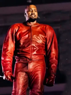 Kanye West Night Two YE’s Homecoming Show Chicago Custom Red Leather Tracksuit front view