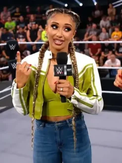 Kelani Jordan WWE NXT Green And White Cropped Cafe Racer Moto Leather Jacket front view