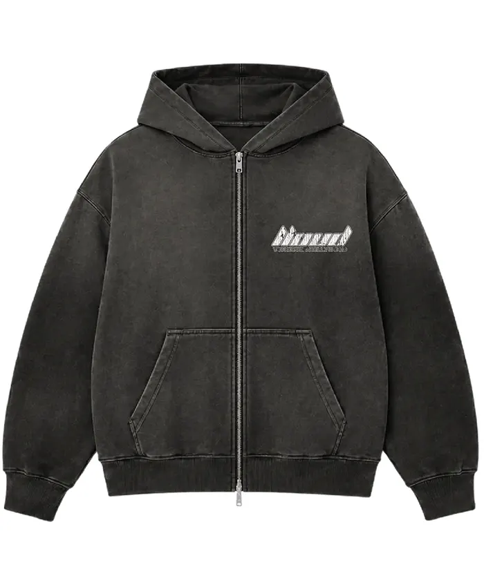 LLOUD x Von Dutch Hollywood Lisa Distressed Charcoal Fleece Hooded Jacket front view
