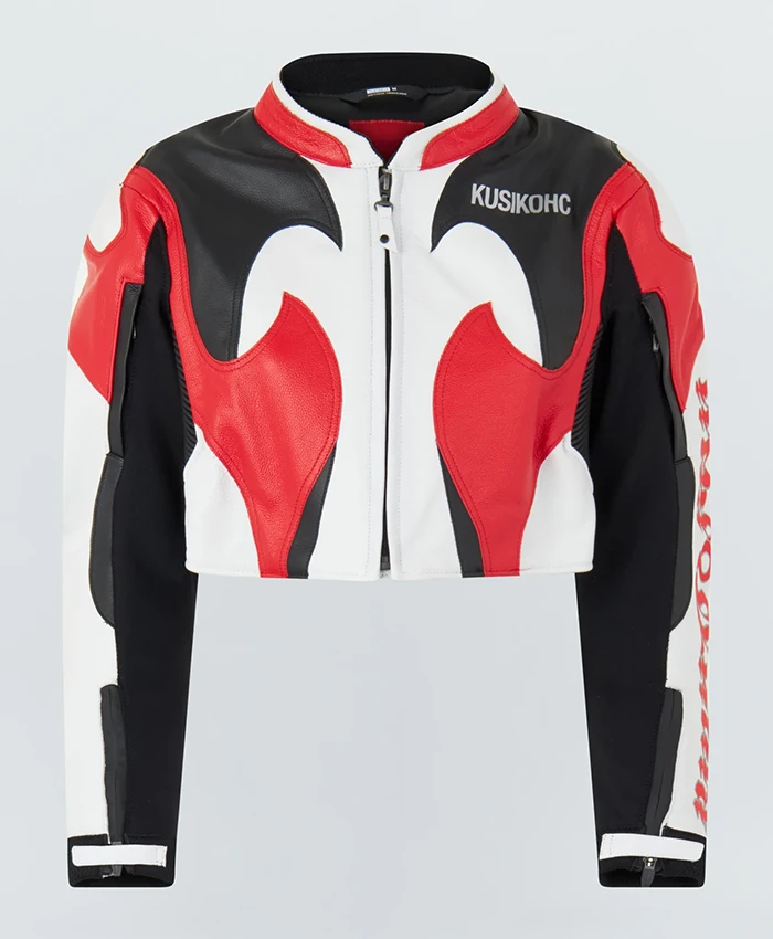 Lauryn Hill Kai Cenat Vivet Fashion Show 2026 KUSIKOHC Spidi Burn Cropped Rider Jacket front view