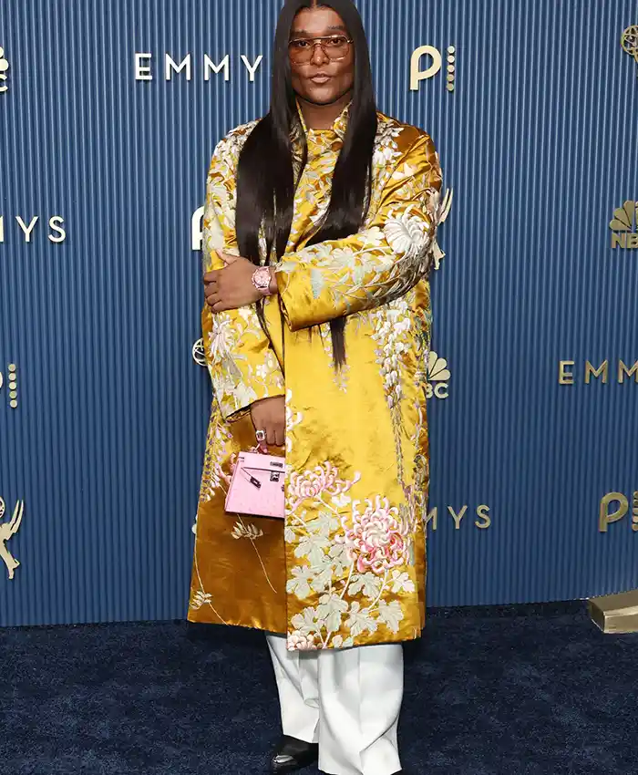 Law Roach 78th Primetime Emmy Awards Satin Floral-Embroidered Golden Trench Coat front view