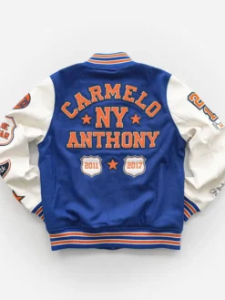 Legend NBA Carmelo Anthony 2026 New York City Blue And White Varsity Jacket back view
