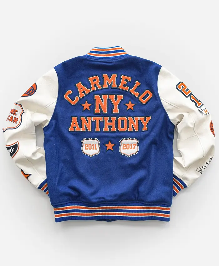 Legend NBA Carmelo Anthony 2026 New York City Blue And White Varsity Jacket back view