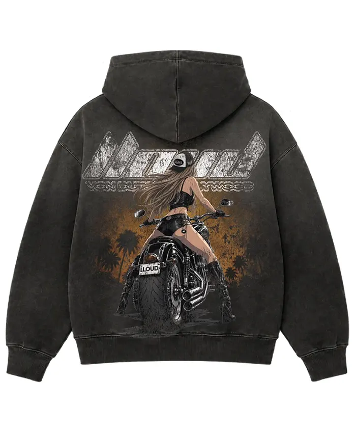 Lisa LLOUD x Von Dutch Hollywood Distressed Hooded Charcoal Fleece Jacket back view