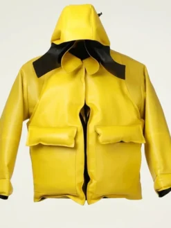 Loewe Fall Winter 2026 Yellow And Black Parka PU Leather Hooded Jacket front view