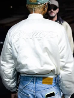 Louis Vuitton Pharrell Williams Paris Rehearsals White Satin Bomber Varsity Jacket back view