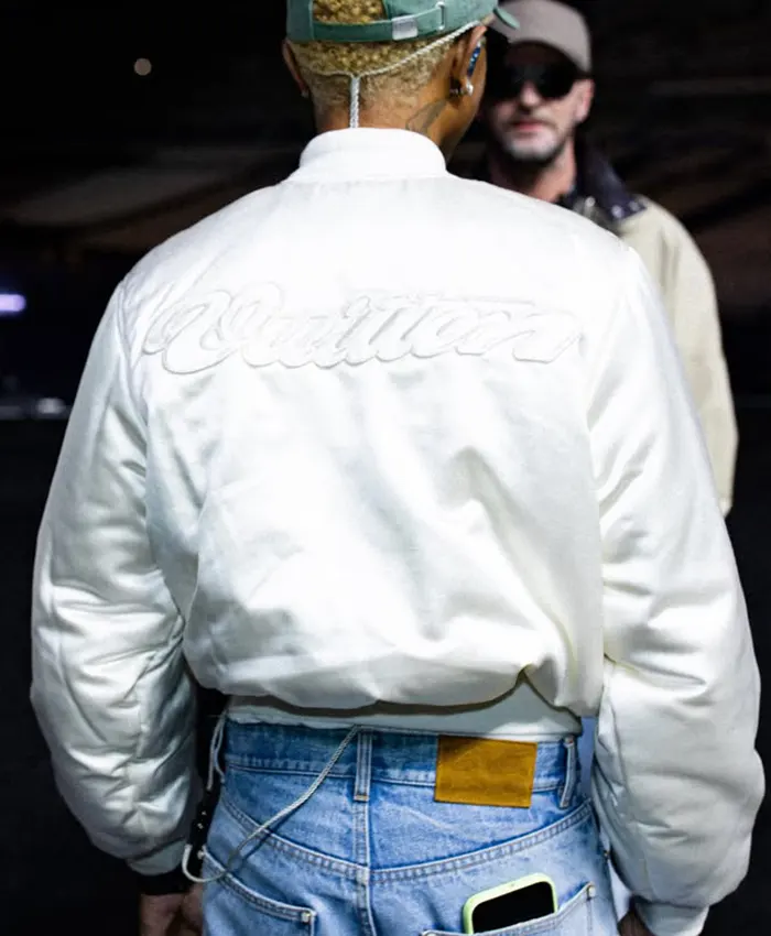 Louis Vuitton Pharrell Williams Paris Rehearsals White Satin Bomber Varsity Jacket back view