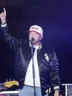 MLB Chicago White Sox Cole Swindell 2026 Rate Field Black Satin Varsity Jacket front view