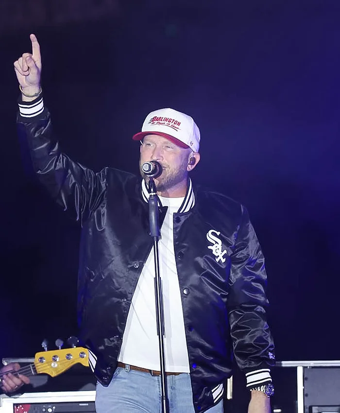 MLB Chicago White Sox Cole Swindell 2026 Rate Field Black Satin Varsity Jacket front view