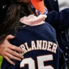 MLB Detroit Tigers Career Celebration Kate Upton Verlander 35 VIVI Navy Wool Varsity Jacket back view