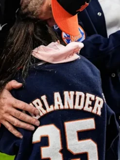 MLB Detroit Tigers Career Celebration Kate Upton Verlander 35 VIVI Navy Wool Varsity Jacket back view