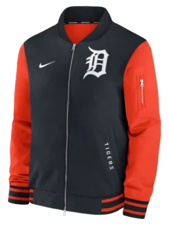 MLB Detroit Tigers Justin Verlander Career Celebration Fleece Navy And Orange Bomber Jacket front view