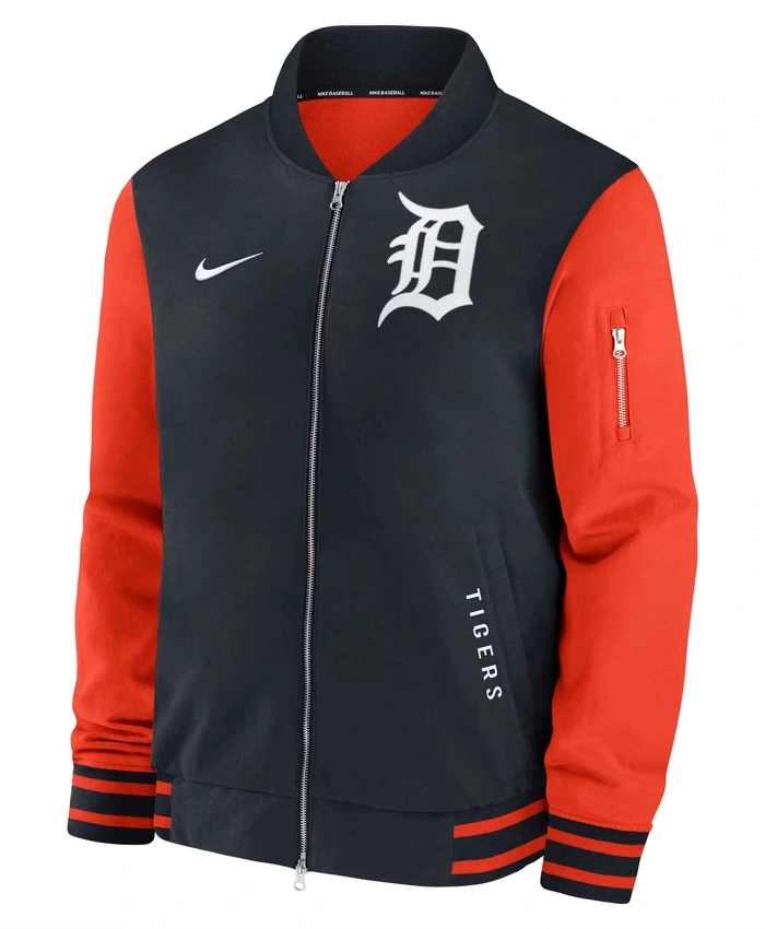 MLB Detroit Tigers Justin Verlander Career Celebration Fleece Navy And Orange Bomber Jacket front view