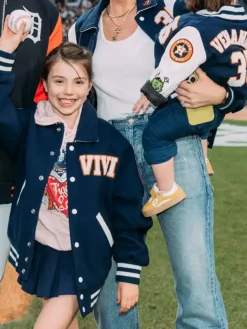 MLB Detroit Tigers Kate Upton Verlander 35 VIVI Career Celebration Navy Wool Varsity Jacket front view