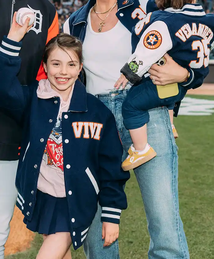 MLB Detroit Tigers Kate Upton Verlander 35 VIVI Career Celebration Navy Wool Varsity Jacket front view