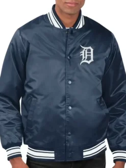 MLB Detroit Tigers Starter Men's Navy Blue Medium Weight Satin Varsity Jacket front view