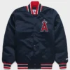 MLB Los Angeles Angels Starter Heavyweight Blue Satin Varsity Bomber Jacket front view