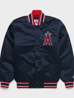 MLB Los Angeles Angels Starter Heavyweight Blue Satin Varsity Bomber Jacket front view