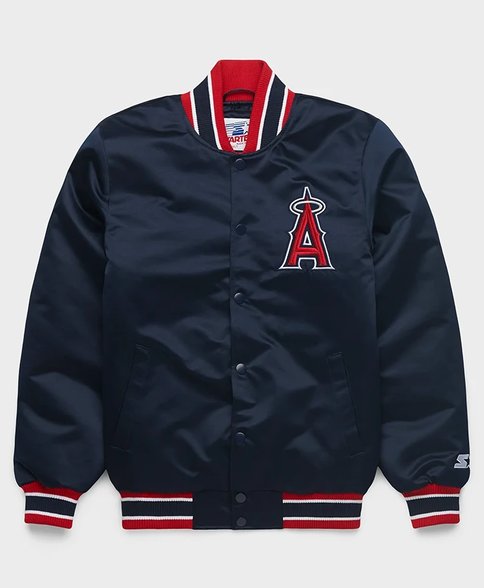 MLB Los Angeles Angels Starter Heavyweight Blue Satin Varsity Bomber Jacket front view