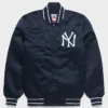MLB New York Yankees Starter Heavyweight Blue Satin Varsity Bomber Jacket front view