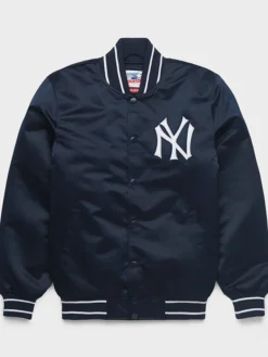 MLB New York Yankees Starter Heavyweight Blue Satin Varsity Bomber Jacket front view