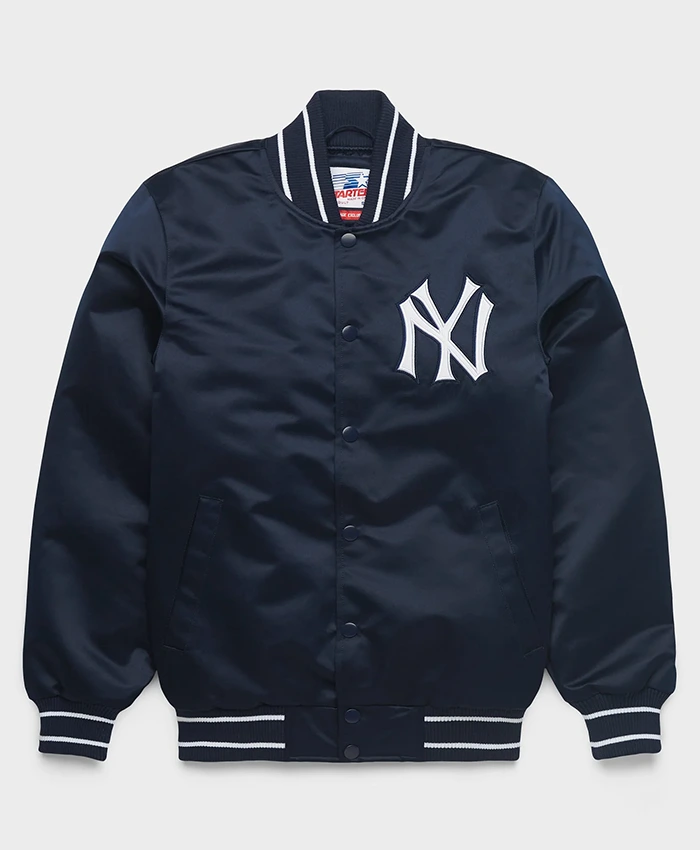 MLB New York Yankees Starter Heavyweight Blue Satin Varsity Bomber Jacket front view
