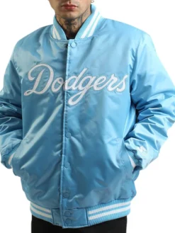 MLB Team Los Angeles Dodgers Satin Blue And White Varsity Jacket front view
