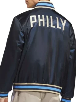 MLS x US Sports Philadelphia Union Adidas Navy Blue Satin Full-Snap Bomber Jacket back view