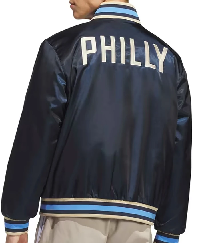 MLS x US Sports Philadelphia Union Adidas Navy Blue Satin Full-Snap Bomber Jacket back view