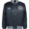 MLS x US Sports Philadelphia Union Adidas Satin Navy Blue Full-Snap Bomber Jacket front view
