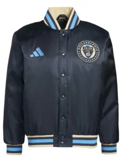 MLS x US Sports Philadelphia Union Adidas Satin Navy Blue Full-Snap Bomber Jacket front view